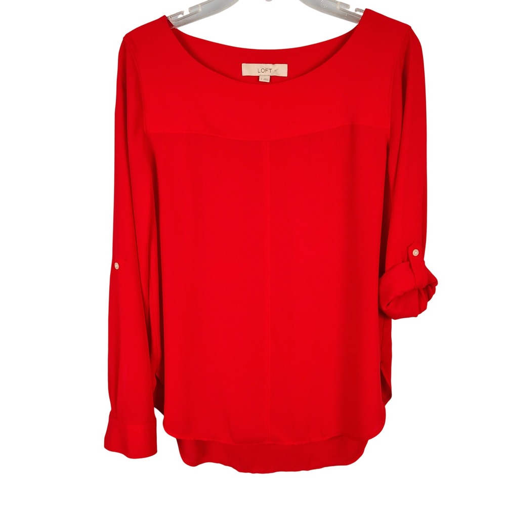 LOFT Womens SZ S Roll Tab Sleeve‎ Blouse Red Solid Career Minimalist Office